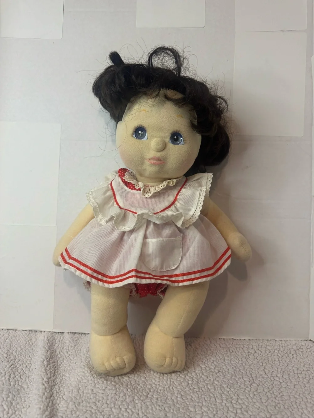 Vintage 1985 Mattel My Child Doll Blue Eyes Dark Hair Red White Doll Clothing
